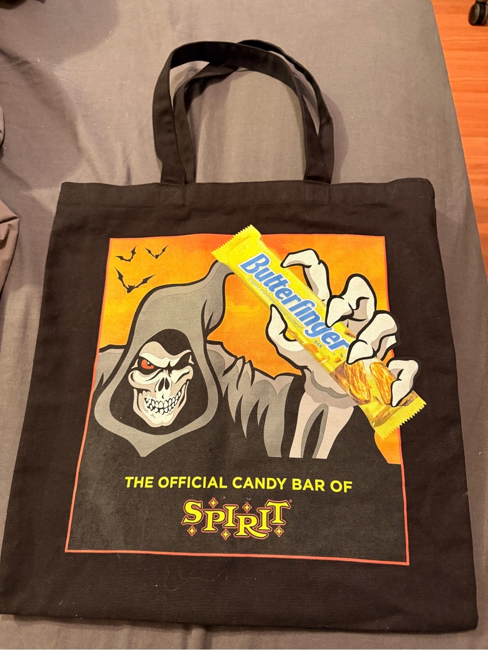 Spirit Black Tote with Orange and Yellow Grim Reaper Graphic